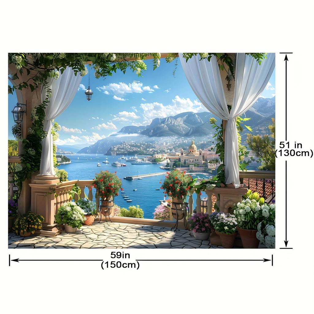 2D flat banner, 1 piece - Elegant spring and summer garden photography background - European-style building by the seaside