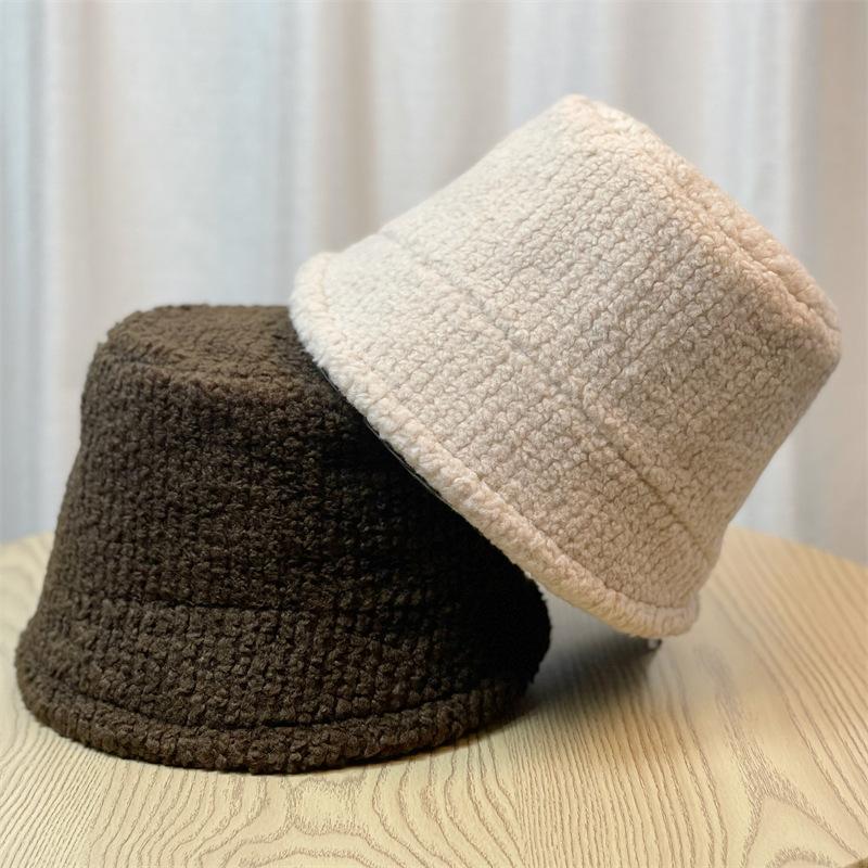 Lamb Wool Face-showing Little Fisherman Hat for Women in Autumn and Winter Versatile Plus Velvet Cute and Warm Bucket Hat Adjustable
