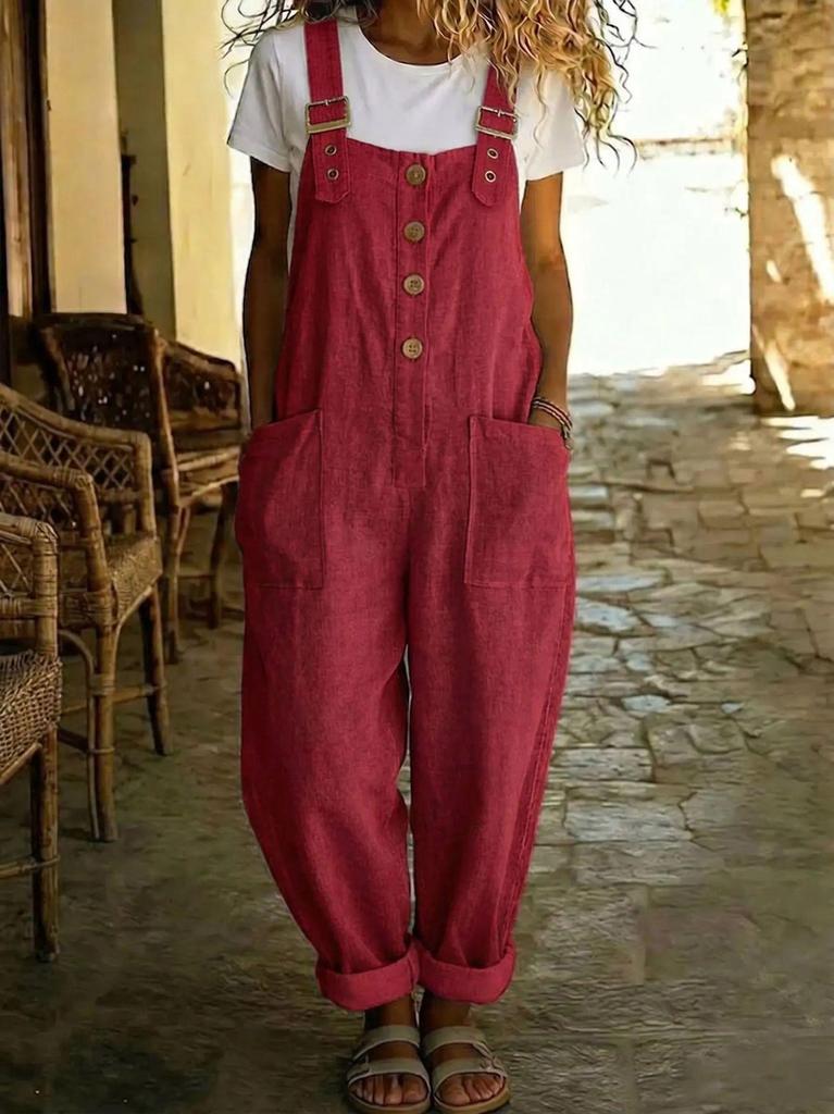 2026 Cotton Linen Retro Pocket Straight-Leg Overalls for Women