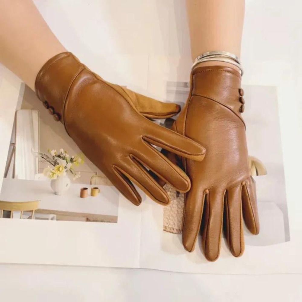 PU Full Finger Mittens Button  Gloves Fashion Women Leather Gloves  Ladies