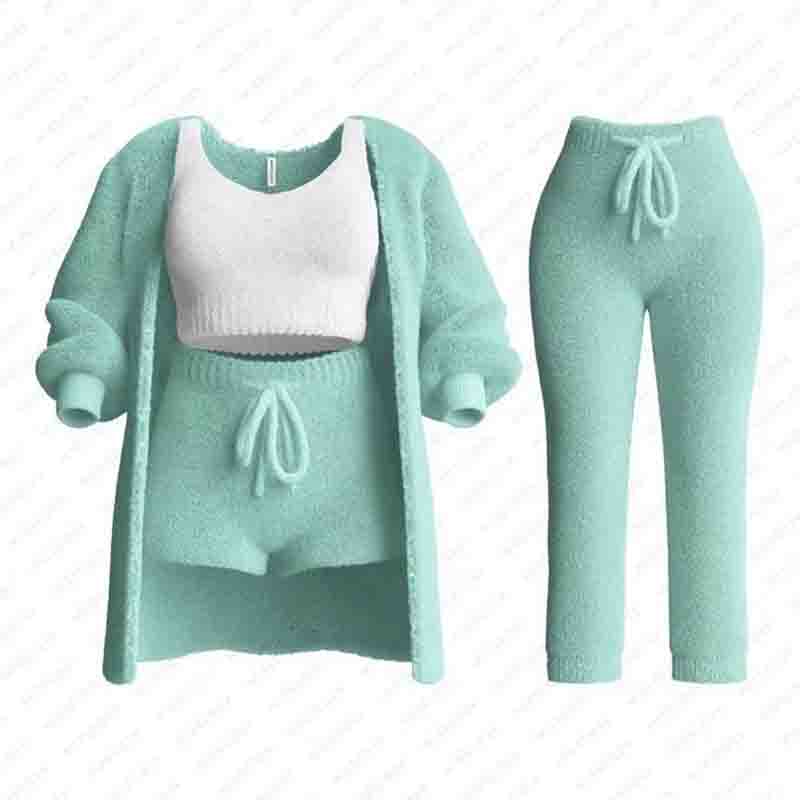 Damen Flauschige 4-teilige 4 Pe Outfits Rundhals Crop Tanktops Langarm Fleece Warm Kapuzen-Cardigan Shorts Set Loungewear