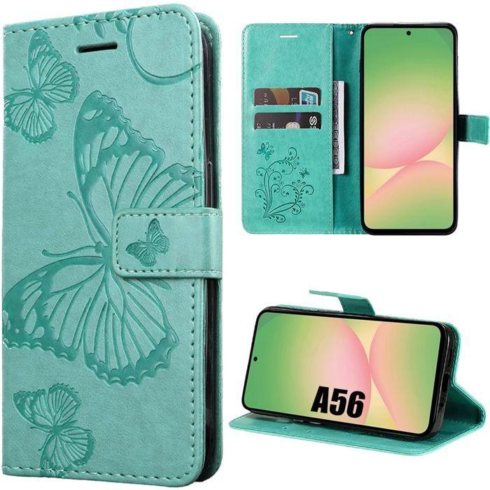 Coque de protection - BOOLING - pour Samsung Galaxy A56 5G - Antichoc - Cuir Synthétique - Motif Papillon Vert
