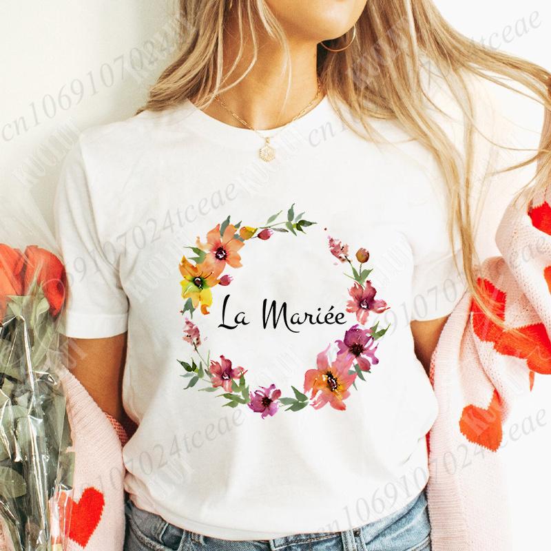 

Bridal Wedding Tops French Team Bride Flower Crown T-shirt Bachelorette Hen Party T-shirt Bride Bridesmaid Tshirt S
