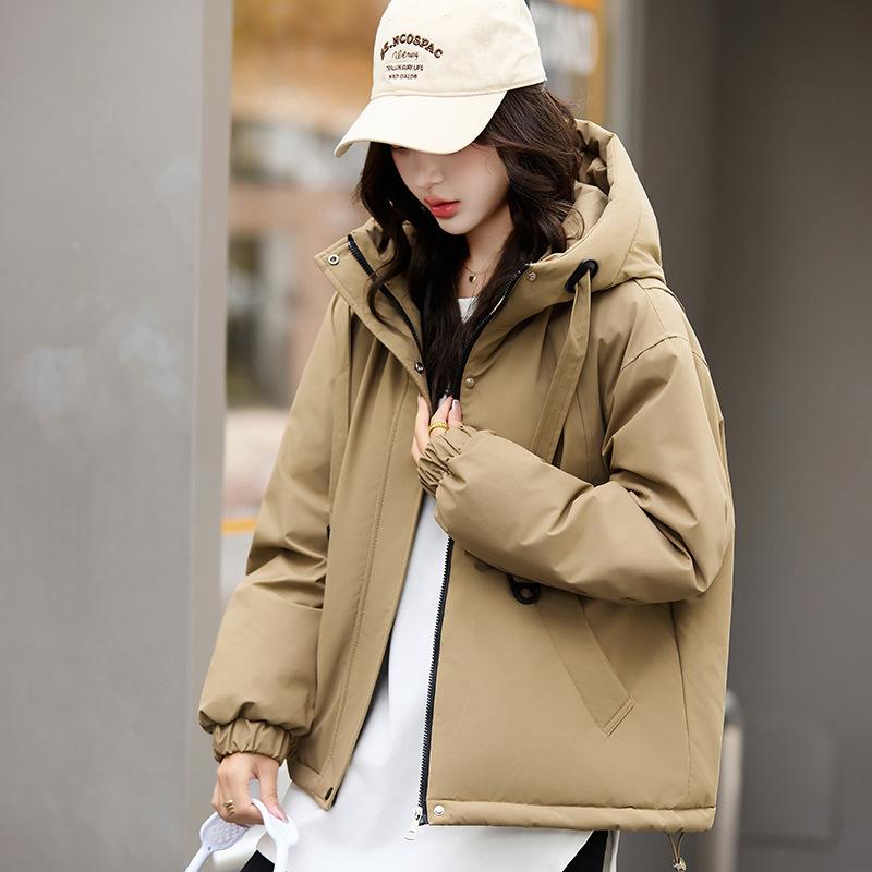 Damen Kapuzen-Pufferjacke Unifarben Reißverschluss Kordelzugbündchen Lockere Passform Warmer Baumwollwattierter Mantel