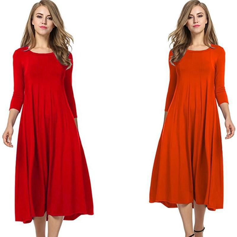 2024 Damen Sommer Mode Rundhals Mittellange Ärmel Einfarbig Großes Schwingkleid