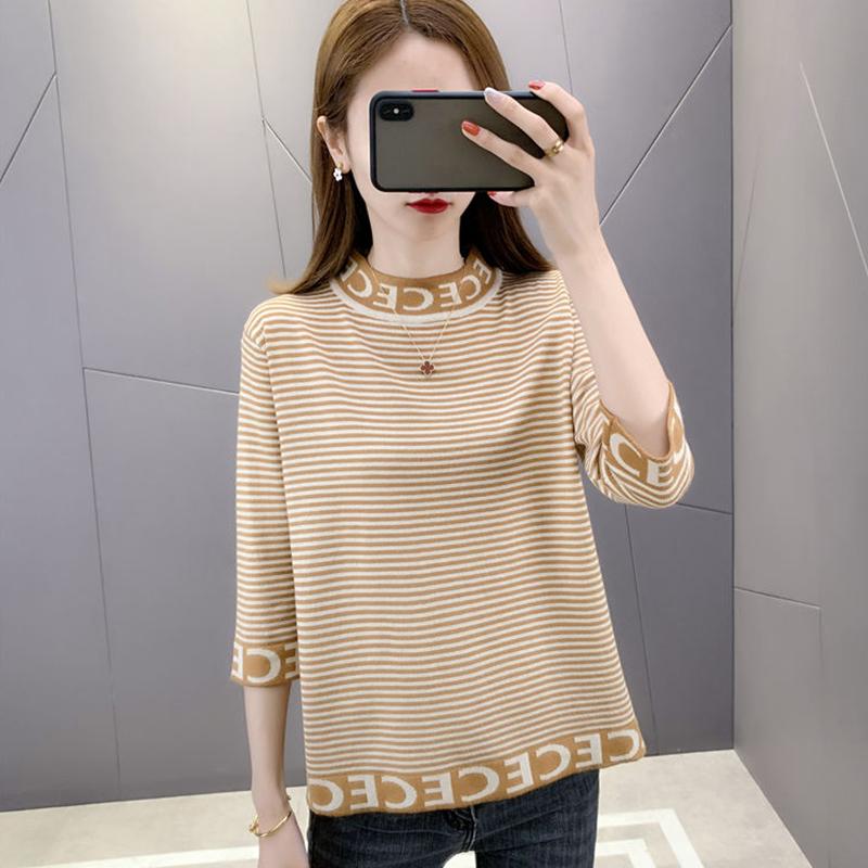 Slim Three-quarter Sleeve Mercerized Cotton Letter Half Turtleneck Sweater T-shirt Top for Women Spring and Autumn Korean