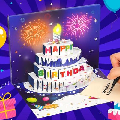 3D Fly-out Birthday Card Light Music Happy Birthday Glowing Greeting Card with Cake Design Interactive Birthday Card