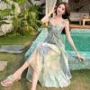 French fashion dress women's summer atmosphere drape thin suspender skirt design printed chiffon skirt