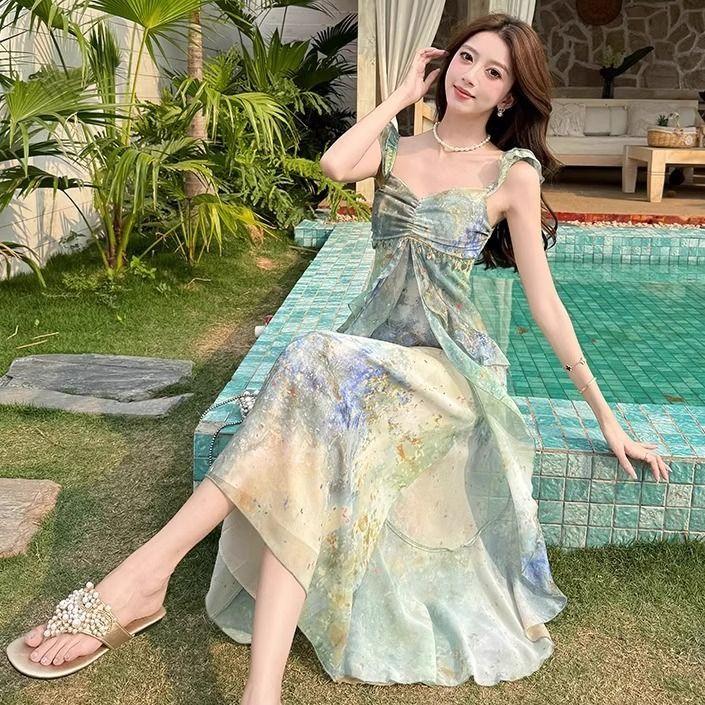 French fashion dress women's summer atmosphere drape thin suspender skirt design printed chiffon skirt