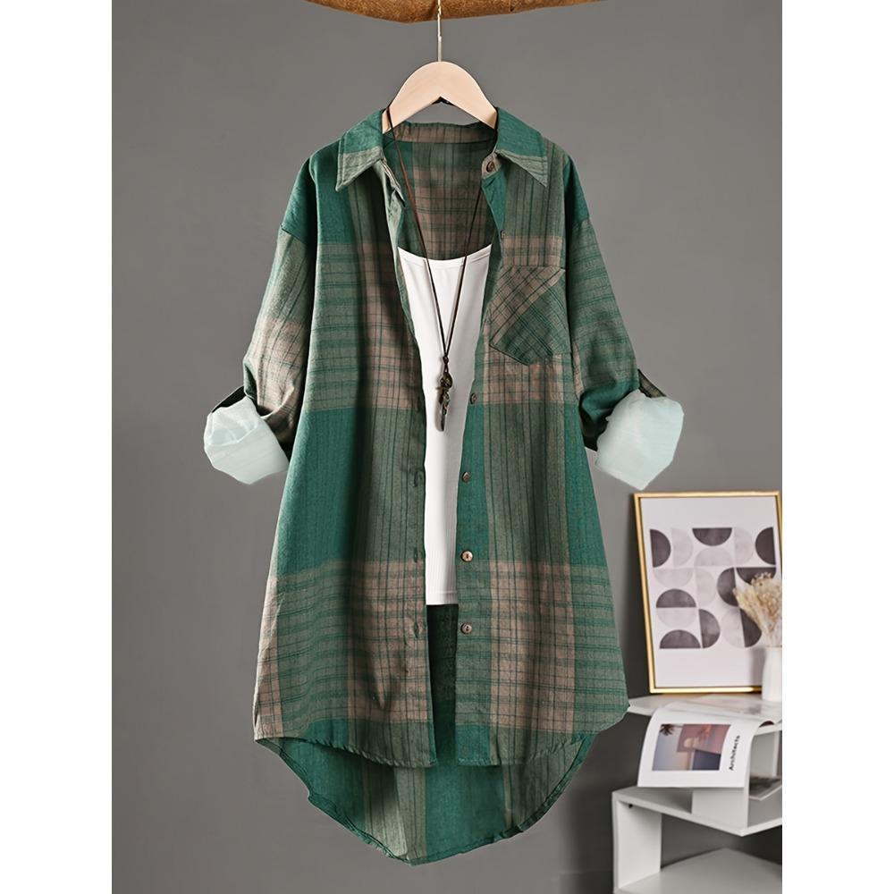 Plus Size Women Plaid Shirt Jacket Casual Long Sleeve Button Up Longline Overshirt Loose Vintage Checkered Outerwear Coat