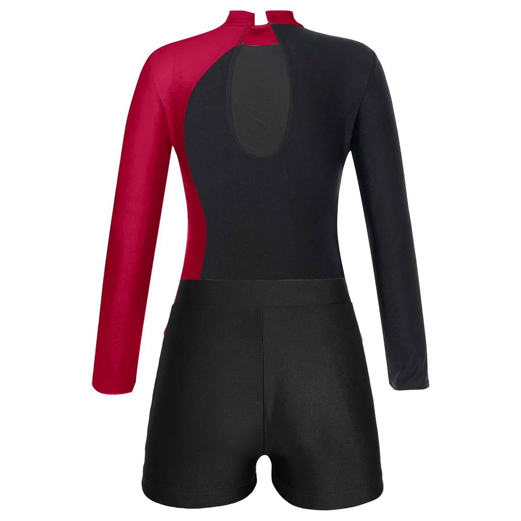 Girls Mock Neck Long Sleeve Sparkle Rhinestone Keyhole Back Leotard V Front Waistband Shorts Dance Skating Outfit