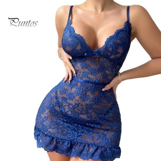 

Женская ночная рубашка с глубоким V-образным вырезом на спине, без рукавов, ночная рубашка с сетчатой цветочной вышивкой, ажурная сорочка для брачной ночи, медового месяца S синий