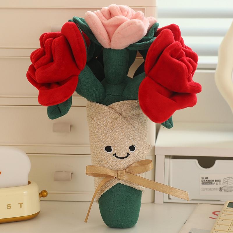 Everlasting Plush Rose Bouquet Toy With Smiley Face Soft Simulated Flower Decor Romantic Valentine‘S Day Gift For Girls Kids