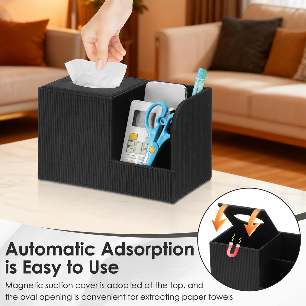 PU Leather Tissue Box Cover with Remote Holder Multifunctional Tissue Box Decorative Tissue Pen Remote Organizer for Home/Office