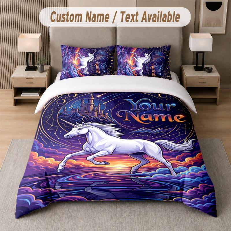 Unicorn Theme Custom Text Or Name 3Pcs Bedding Set 1 Flat Sheet & 2 Pillowcases Personalized Home Bedding