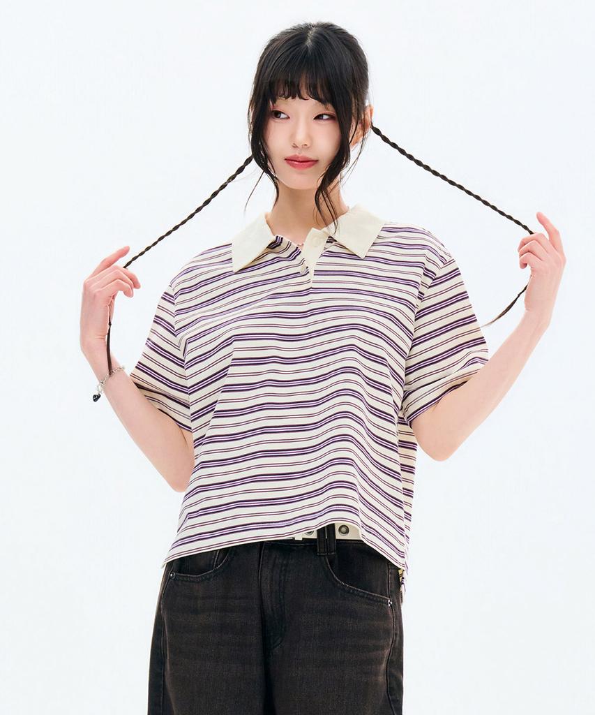 CHASECULT Women'S Striped Collared Short Sleeve T-Shirt-Fbrg5791D0A