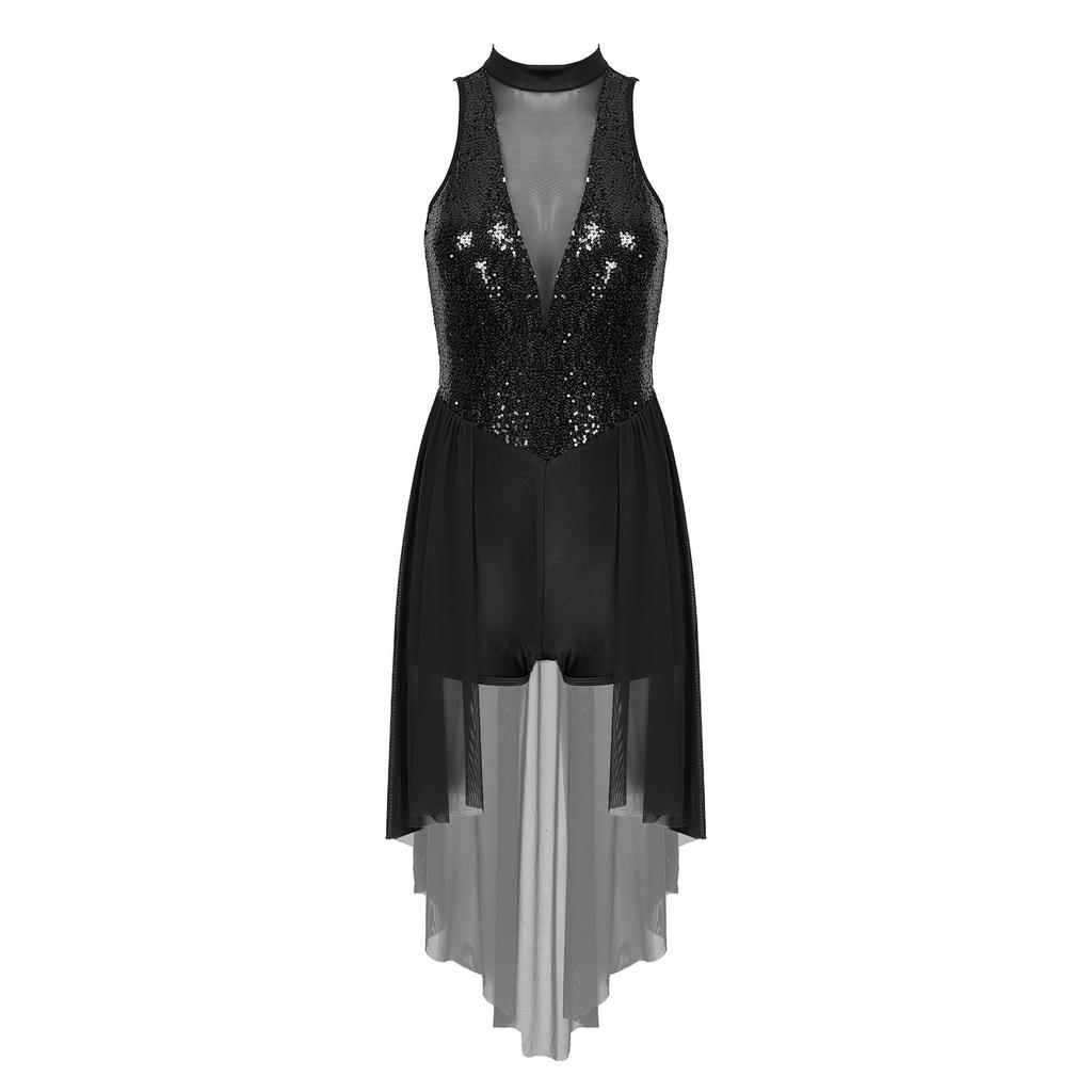Women Sparkly Sequin Lyrical Dance Costume Mock Neck Sleeveless Mesh Skirted Leotard Performance Wear
