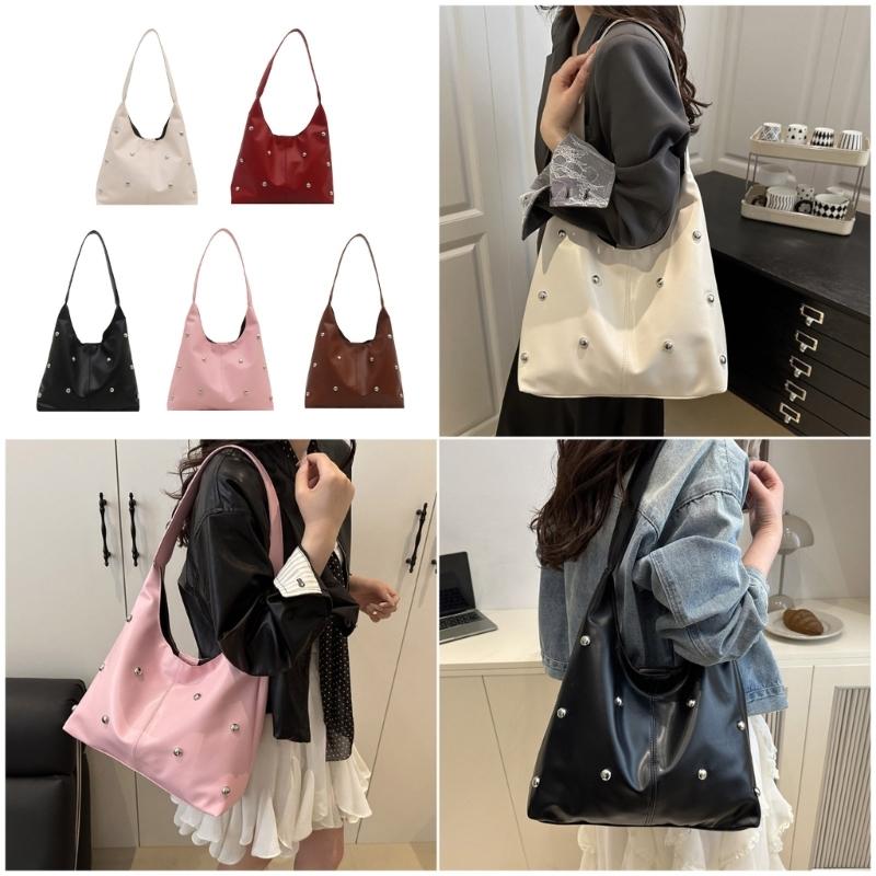 Crescents Shoulder Bags for Women Cute Hoboes Toted Handbag Under the Arm Purses Punk Rivet Clutches Purse with Buckles
