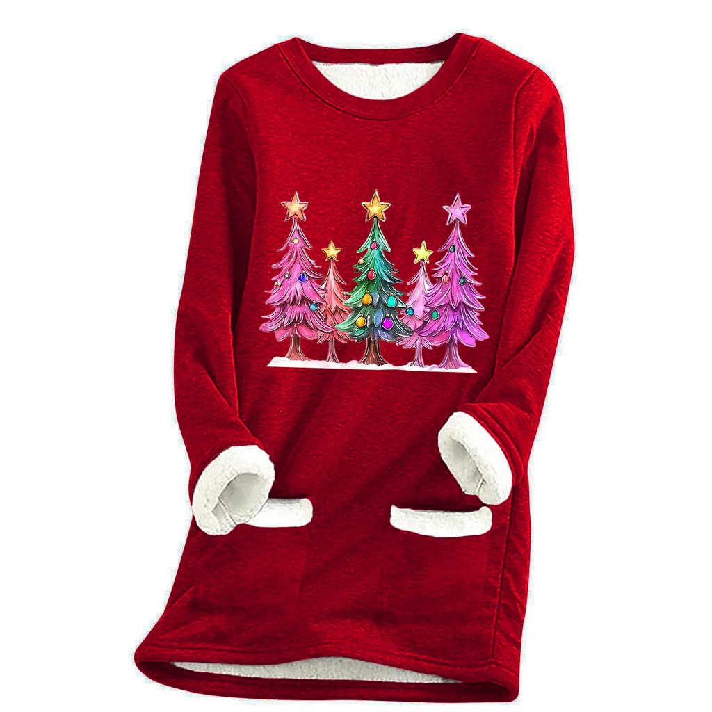 Ladies' Loose And Comfortable Round Neck Christmas Print Thick With Pockets Long Sleeved Top