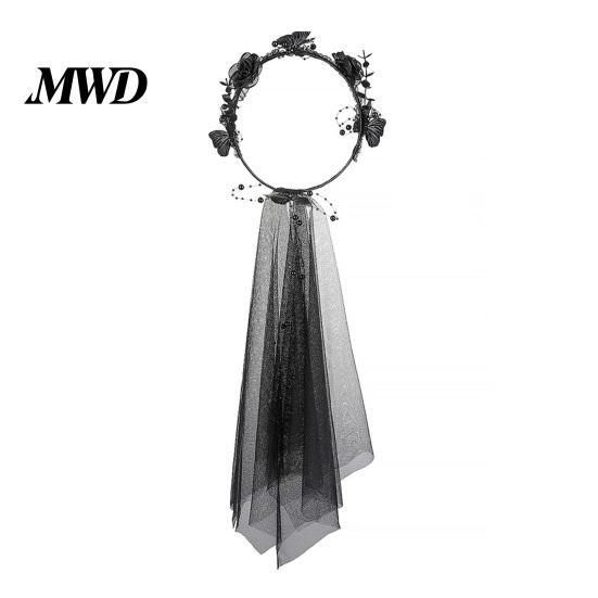 Halloween Ghost Bride Headpiece Dark Rose Black Butterfly Veil Headband, Hair Hoop with Beaded Mesh Long Gothic Bridal Headband Tulle for Cosplay One Size 1pc