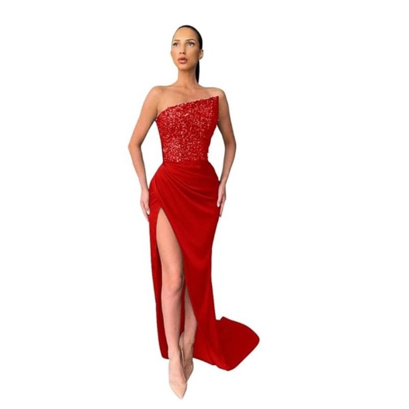 Green Sequined Fairy Long Sleeveless Fashion Body Temperament Medium and Long Evening Dress S красный