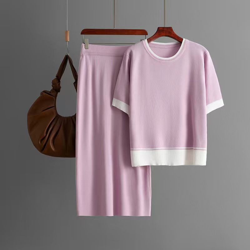 Fashion New Arrival Fashion Knitted Short-Sleeved Shirt Skirt Suit Knitted Top and Skirt Set