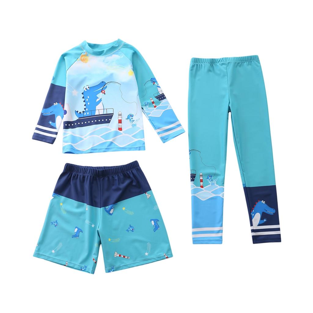 Dreiteiliges Jungen-Badebekleidungsset Langarm-Rashguard Badeshirt Badeshorts und Badehosen Cartoon-Print Leicht Schnelltrocknend