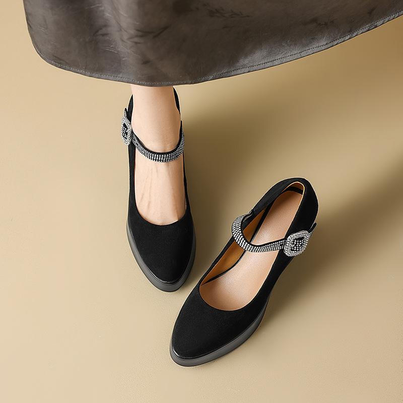 10.5CM ultra-high heel single shoes 2025 spring and autumn new round head thick sole wedge heel shallow mouth one-word buckle belt small leather