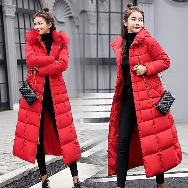 Giacca parka da donna alla moda invernale calda di media lunghezza con cappuccio casual, con collo in pelliccia rimovibile, per donna