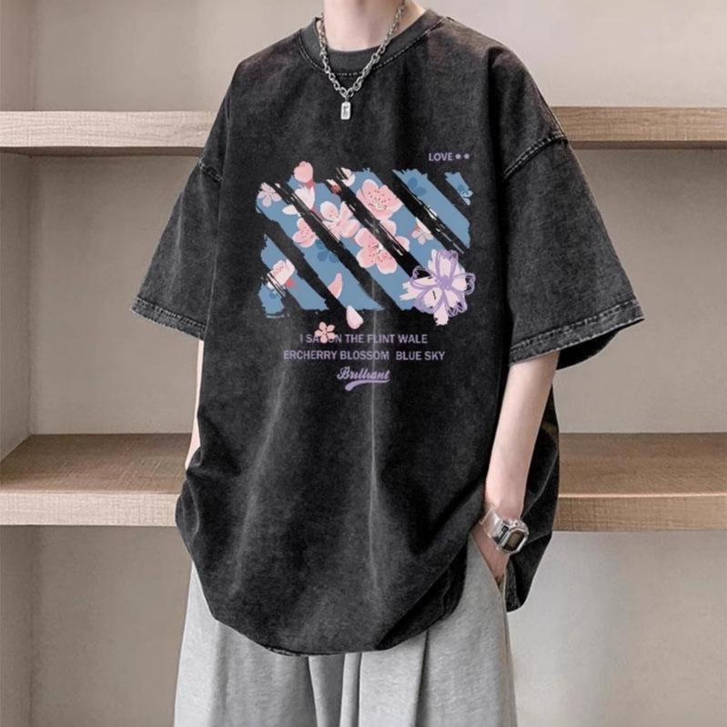 American printed washed short-sleeved T-shirt men's and women's summer trendy brand retro hiphop large size couple's pure cotton top