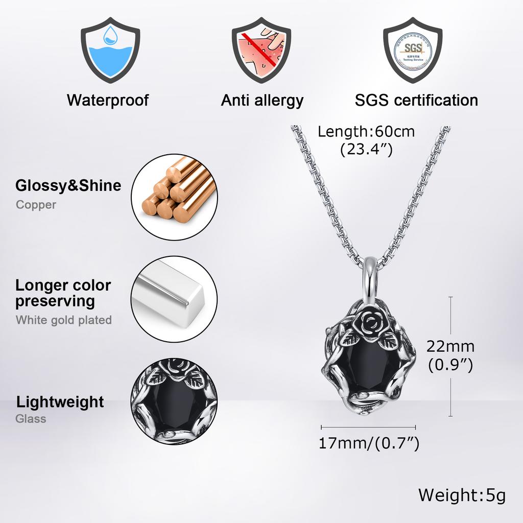 Gothic Black Stone Necklaces for Men Women,Thorn Rose Metal Pendant Collar,Rock Punk Fashion Jewelry Gift