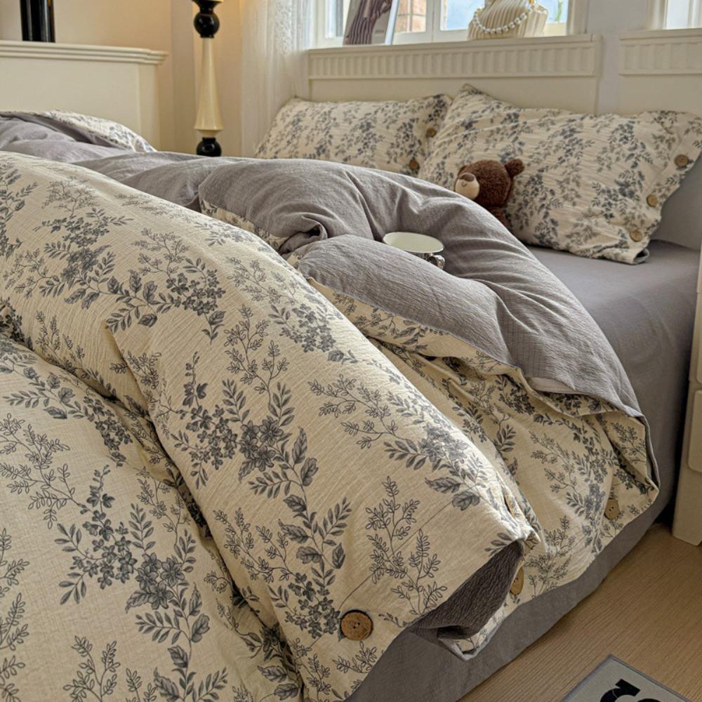 Pure Cotton Four-piece Set - Retro Floral Buttoned Bed Sheets and Pillowcases Set