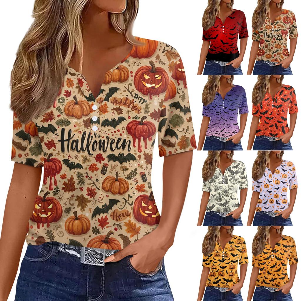 Women's T Shirt Halloween Print Button Short Sleeve Daily Weekend Fashion Basic V- Neck Regular Top