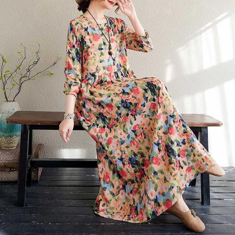 Travel Round Neck Vintage Long Flesh Covering Dresses