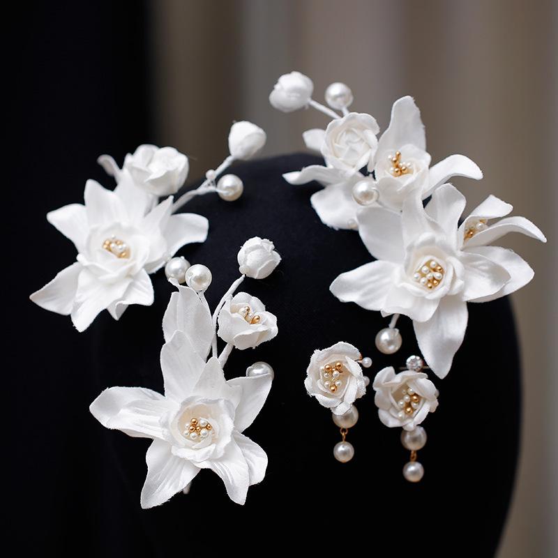 

Korean Fairy Bridal Headdress: Handmade Fabric Flower Hair Clips - Elegant Wedding Accessories