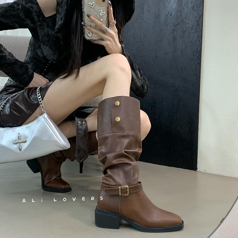 Fashion Vintage Thick Heel Pleated Women Knee High Boots Outdoor Non Slip Shoes Autumn Winter Ladies Knight Long Booties