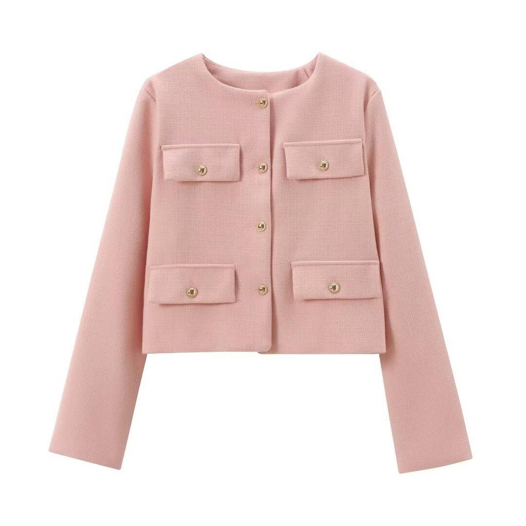 Moda Donna Bomber Corto Giacche Donna Bottone Dorato Blazer Primavera Donna Chic Streetwear Outwear Top