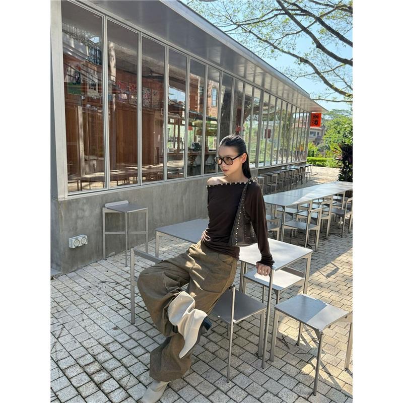 Fashionable Street Casual Shell Button Off-shoulder Long-sleeve High-stretch T-shirt