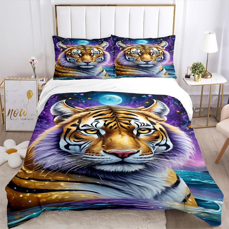 3pcs Tiger Moon Night Print Duvet Cover Set - Includes 1 Duvet Cover and 2 Pillowcases, No Quilt Core, All-Season Home Decor yy251111015