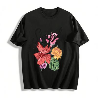 Make It Simple Floral Print Casual Tee Comfy Daily Wear Top Pure Cotton T-shirt