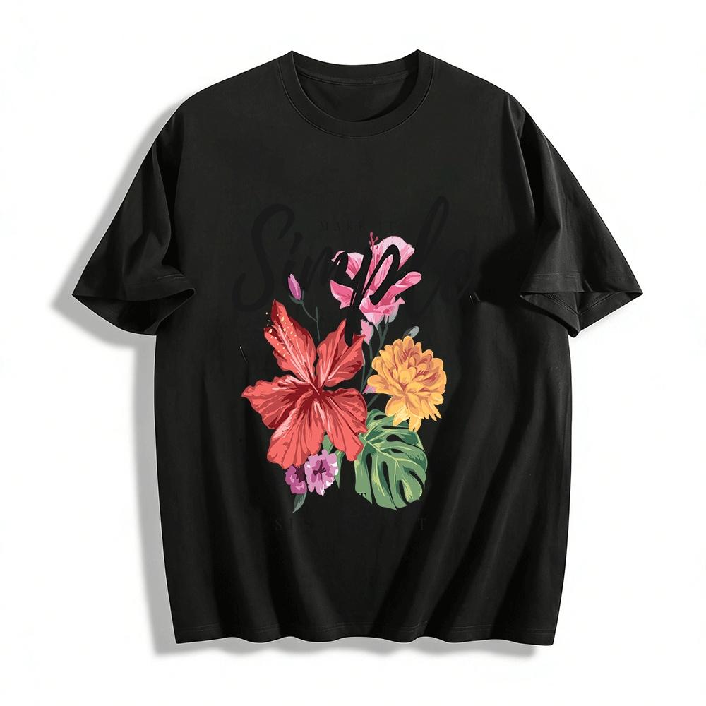 

Make It Simple Floral Print Casual Tee Comfy Daily Wear Top Pure cotton T-shirt XXS