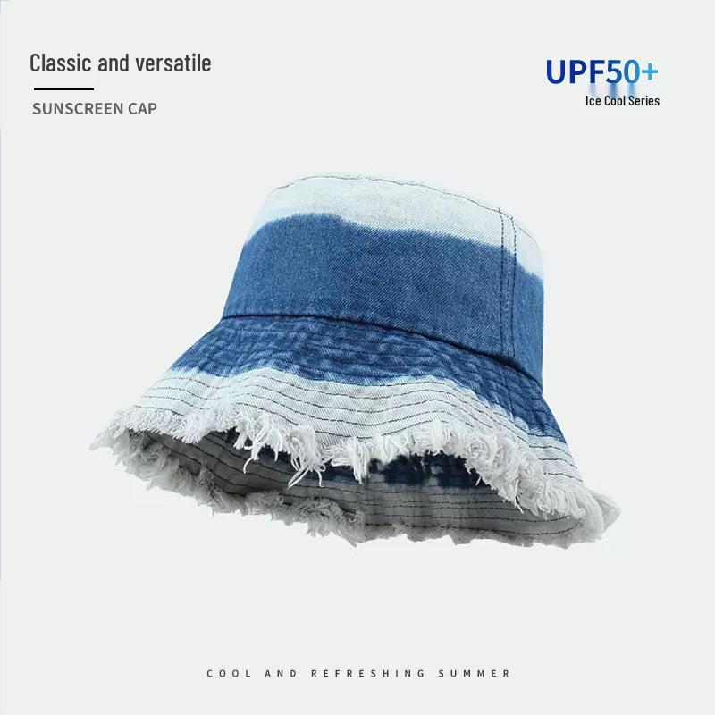 Japanese Retro Women's Denim Fisherman Bucket Hat, Distressed Sunshade for Larger Head, Face Slimming Sun Protection.
