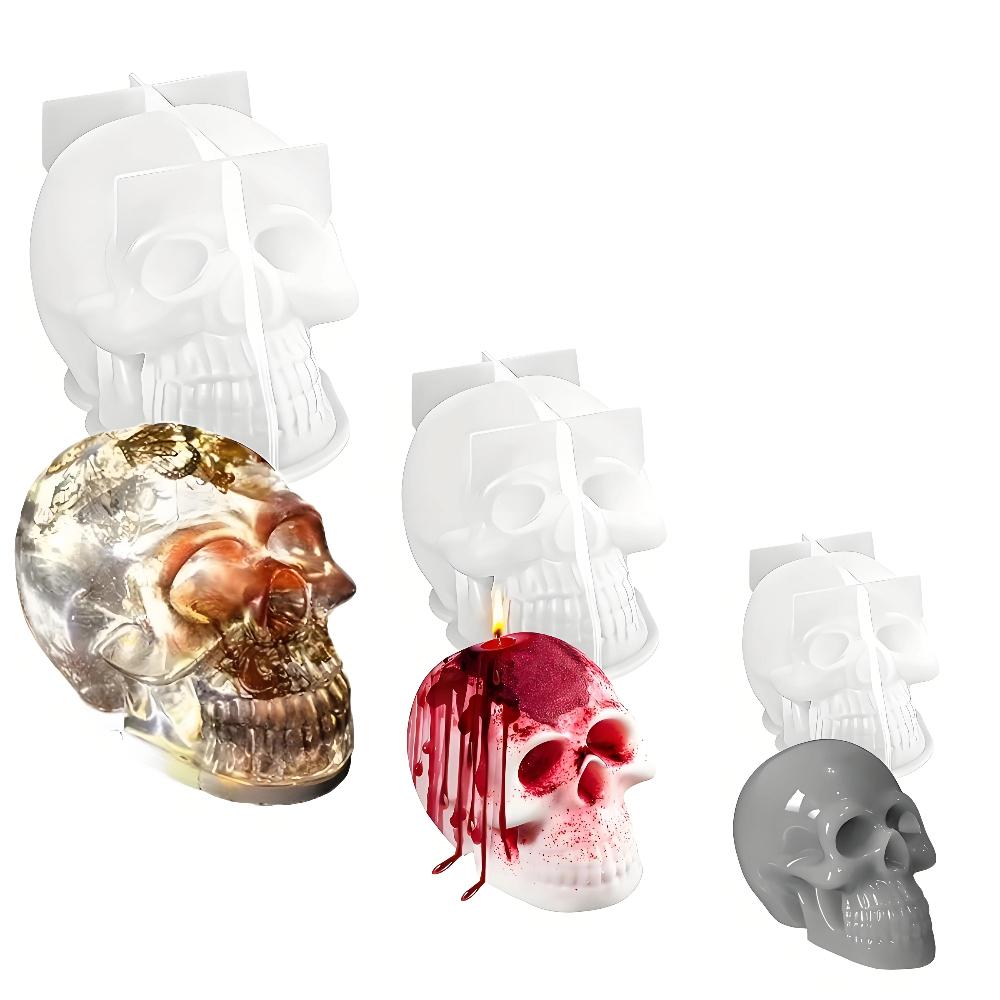Set med Stora + Mellanstora + Små 3D Skalle Hartsformar, användbara för Gjutning av Tvål, Lera, Ljusvax, Halloween Hemdekoration