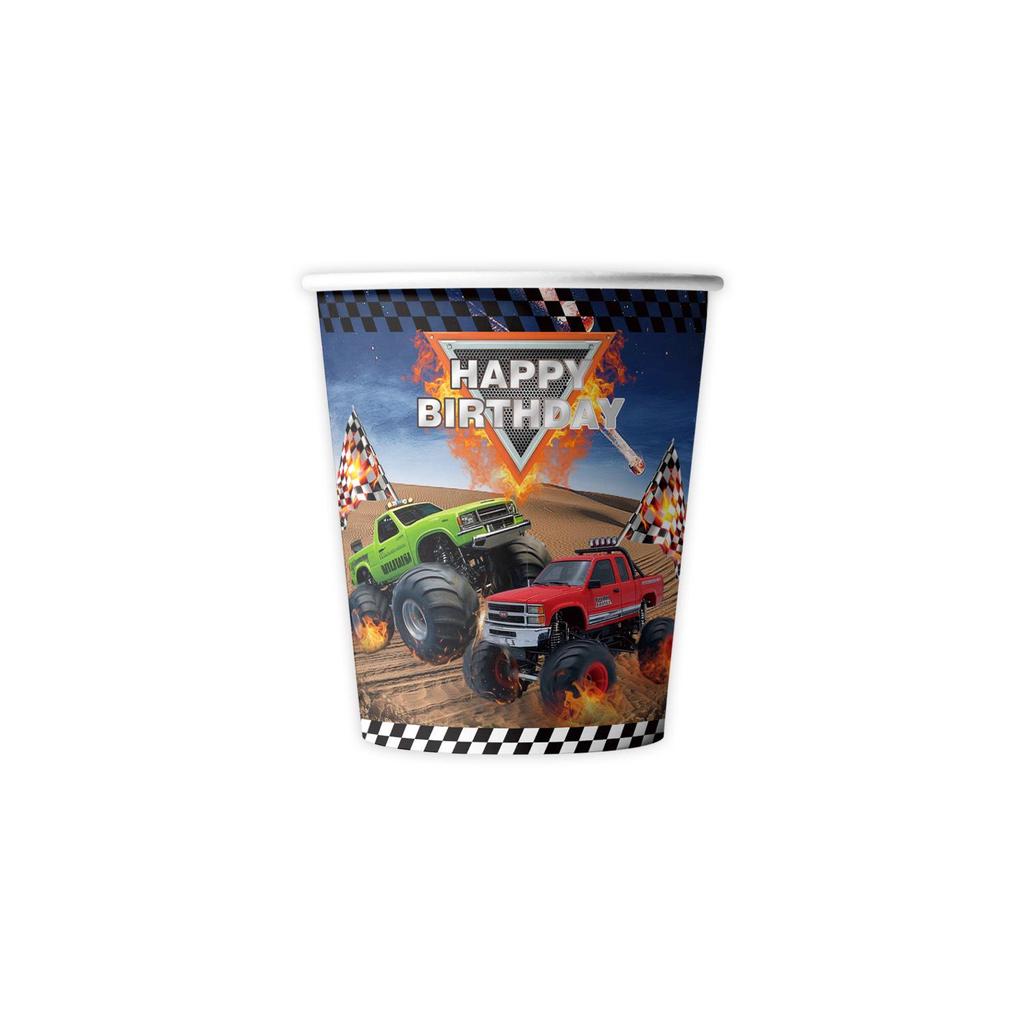Bigfoot Monster Truck Geburtstagsparty Set: Einwegteller, Becher, Servietten, Banner, Fahnen, Tischdecke.