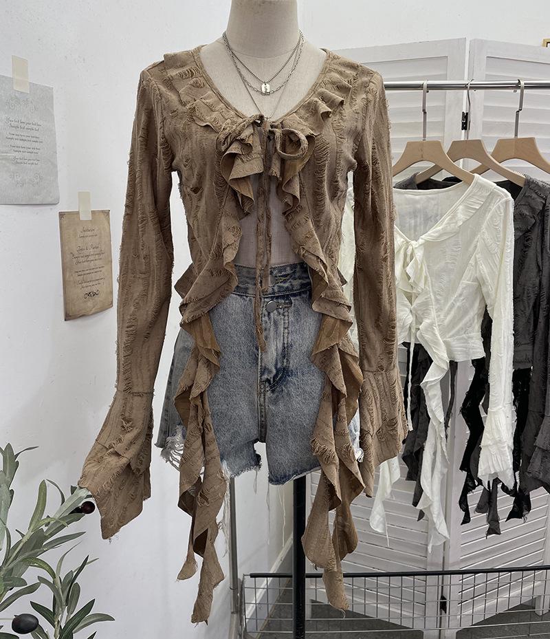 Post-Apocalyptic Style Ruffled Tie-Up Ripped Cardigan, Long-Sleeve Outer Layer