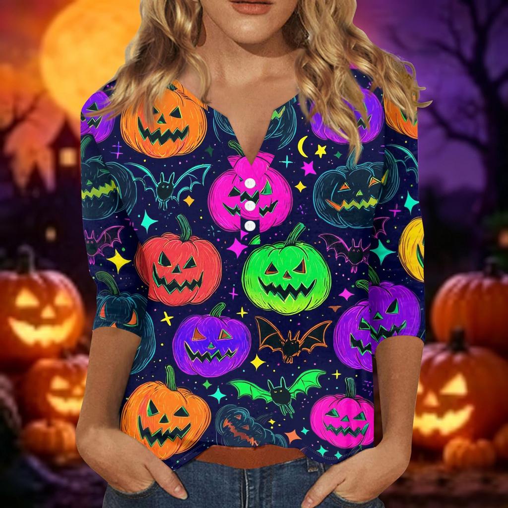 Women Casual Halloween Print V Neck Short Sleeve Button Detail Three Quarter Sleeve T Shirt Top