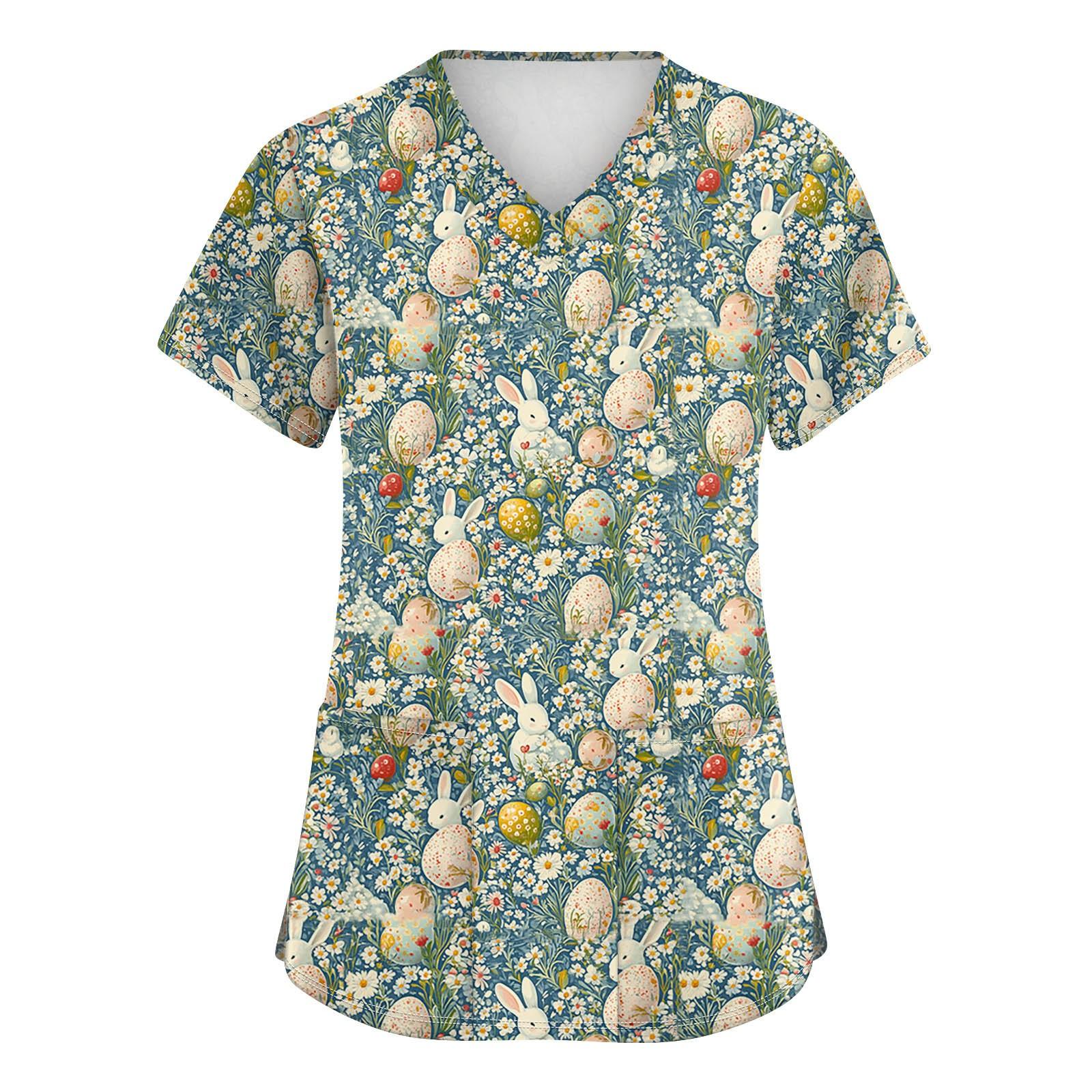 

Женская мода с v-образным вырезом, короткими рукавами и карманами, топы с принтом M