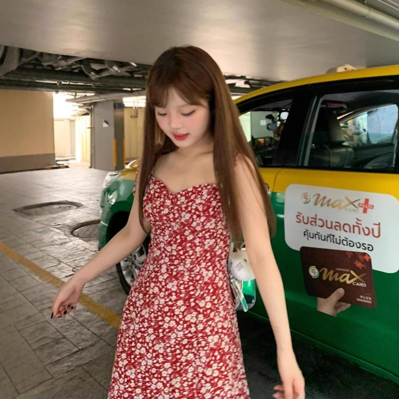 

Sweet vacation girl red V-neck suspender floral dress small man waist strap a word short skirt backless dress S