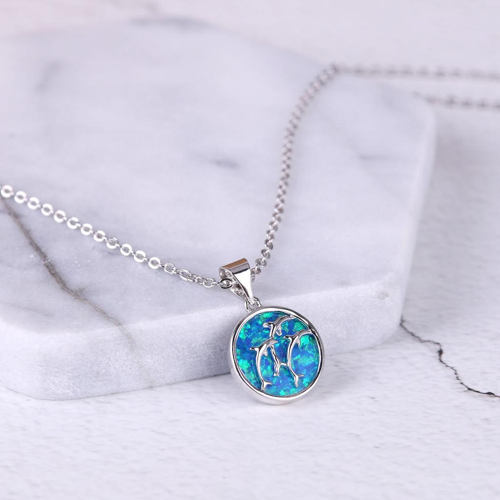 KELITCH Synthetic Opal Choker Necklace with Dolphin Pendant, 16-18" Chain Necklace (Blue)