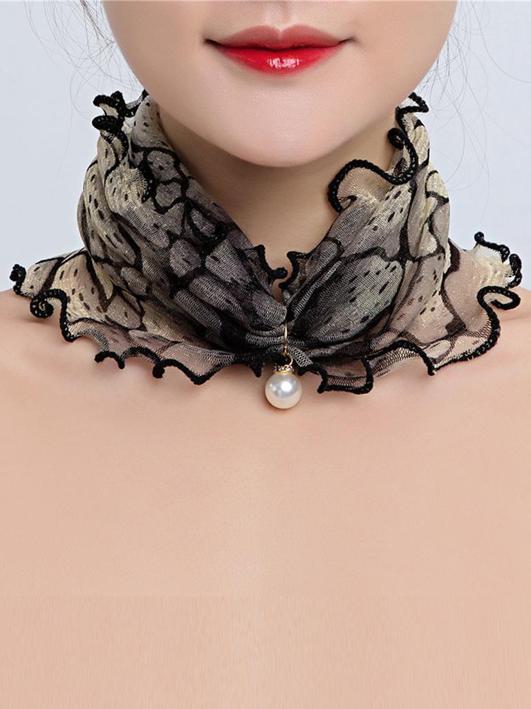 Women Gold Silk Ruffle Ring Scarf Fake Pearl Pendant Fashion Chiffon Neck Collar Thin Anti-UV  Neckerchief Hair Bandana Headban